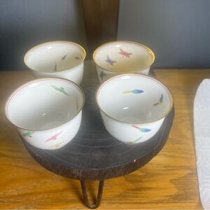 Koransha Arita Ware Set of 4 Porcelain Teacup Yunomi Birds Fish & Butterfly